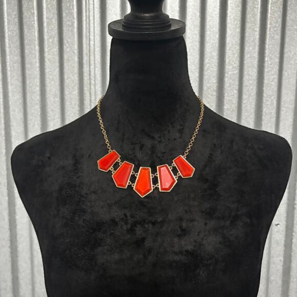Bold Red Geometric Statement Necklace | Gold Tone Modern Jewelry - Picture 4 of 5
